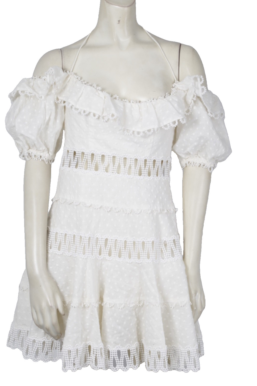 Ivory White Eyelet Lace Ruffle Off Shoulder Cutout Boho Mini Dress Size XS